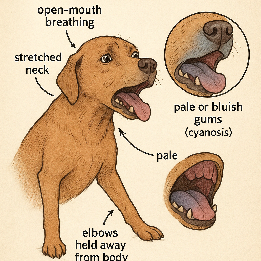 Dog showing difficulty breathing with open mouth, stretched neck, and elbows held away from body; close-up inset of pale gums indicating cyanosis
