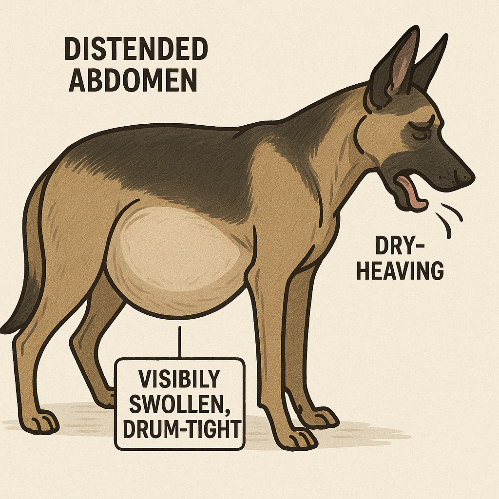 Dog with severely distended, drum-tight abdomen in a posture of distress, showing signs of dry-heaving and pain