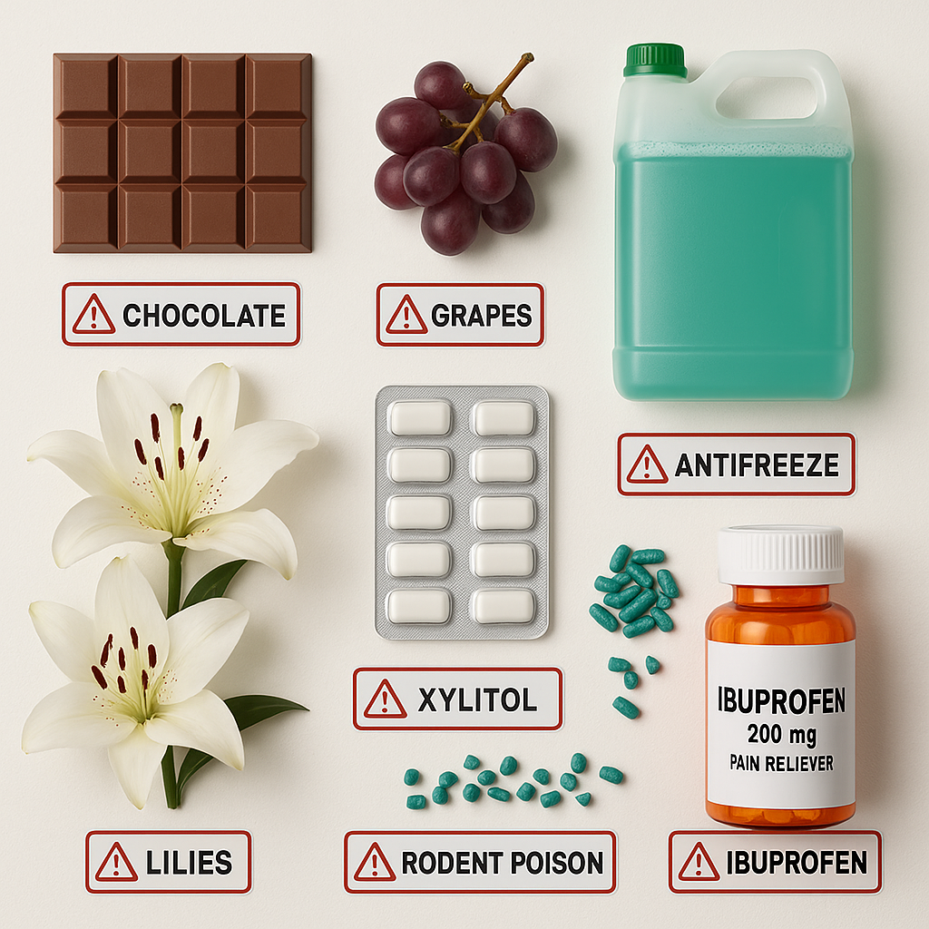 Arrangement of common toxic substances for dogs including chocolate, grapes, raisins, xylitol gum, antifreeze, rodent poison, and ibuprofen