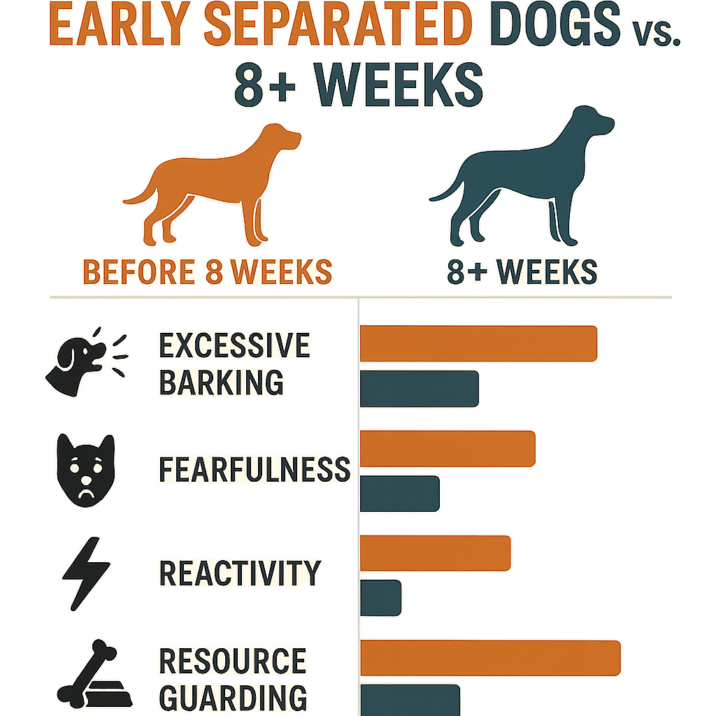 Comparison chart showing elevated behavior problems in dogs separated before 8 weeks versus 8+ weeks, including excessive barking, fearfulness, reactivity, and resource guarding