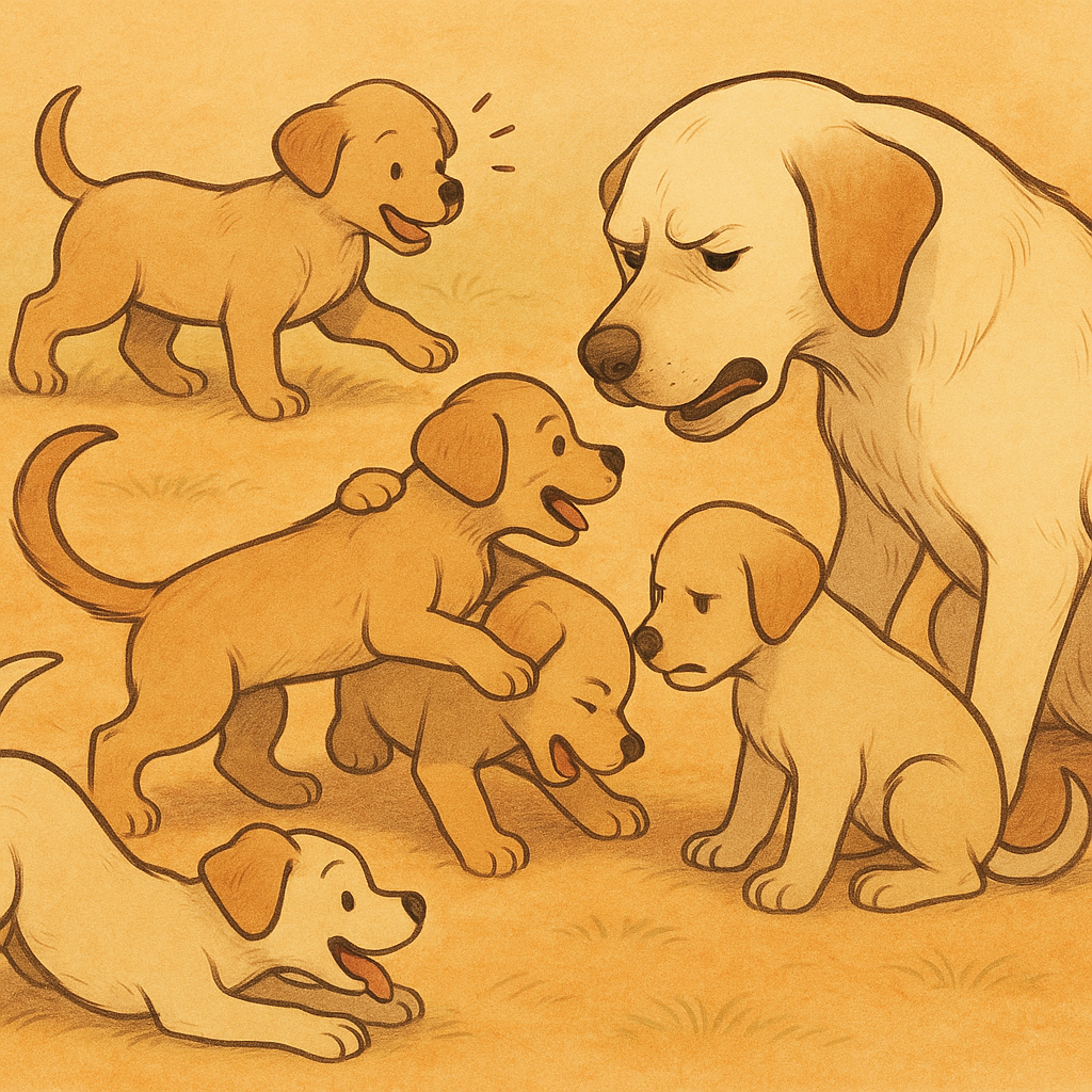 Mother dog supervising puppies during play and learning interaction, demonstrating bite inhibition and social skill development