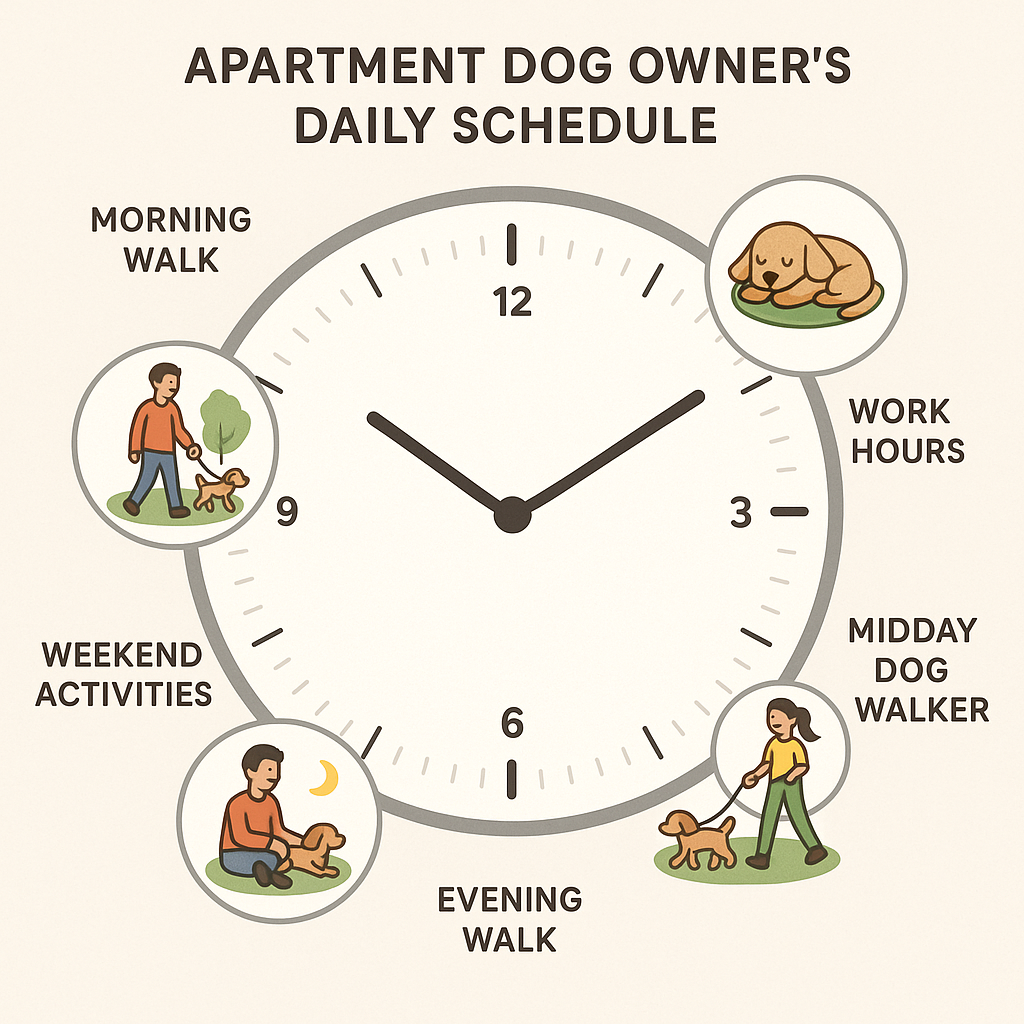 Daily routine timeline for apartment-dwelling large dog showing morning walk, midday options, evening engagement, and weekend activities