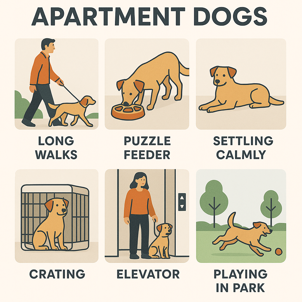Visual breakdown of six essential needs for large dogs in apartments: exercise, enrichment, settling, crate training, building navigation, and outdoor access