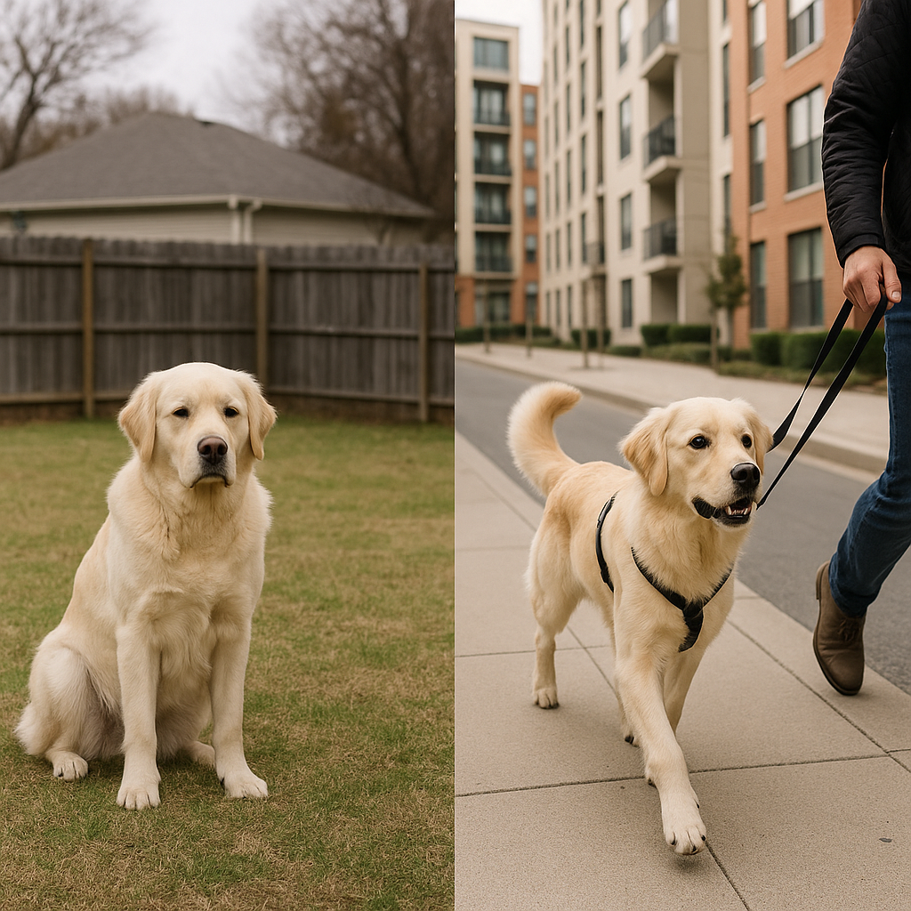 Comparison of a large dog inactive in a yard versus actively engaged on a neighborhood walk from an apartment