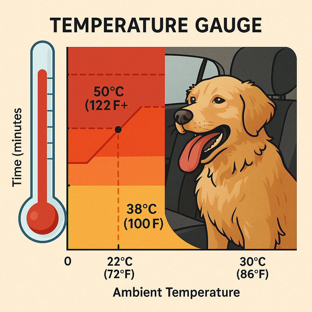 Graph showing rapid vehicle interior temperature rise: 22°C ambient reaching 38°C in 10 minutes, 30°C ambient reaching 50°C+, with visual of overheating dog