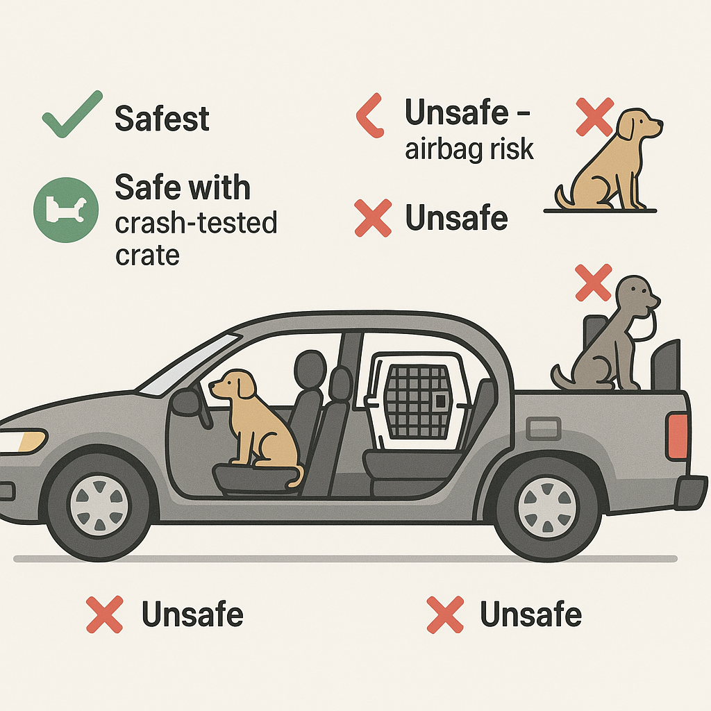 Vehicle cross-section diagram showing safe positioning (back seat, secured cargo area) versus unsafe positioning (front seat, lap, truck bed)
