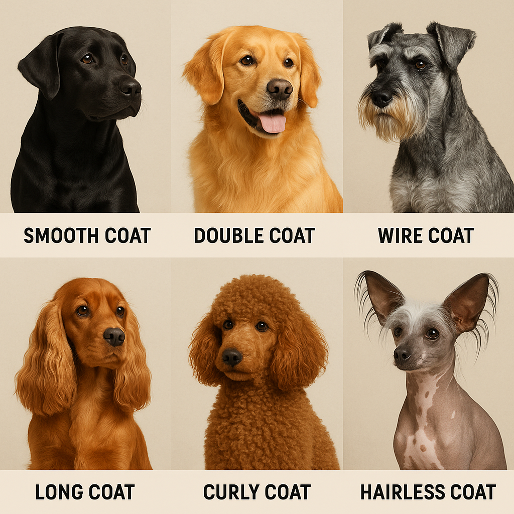 Six dogs representing major coat types: smooth, double, wire, long, curly, and hairless coats