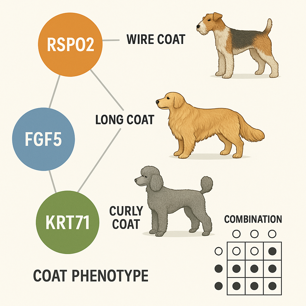 Genetic infographic showing RSPO2, FGF5, and KRT71 genes and their corresponding coat types with example breeds