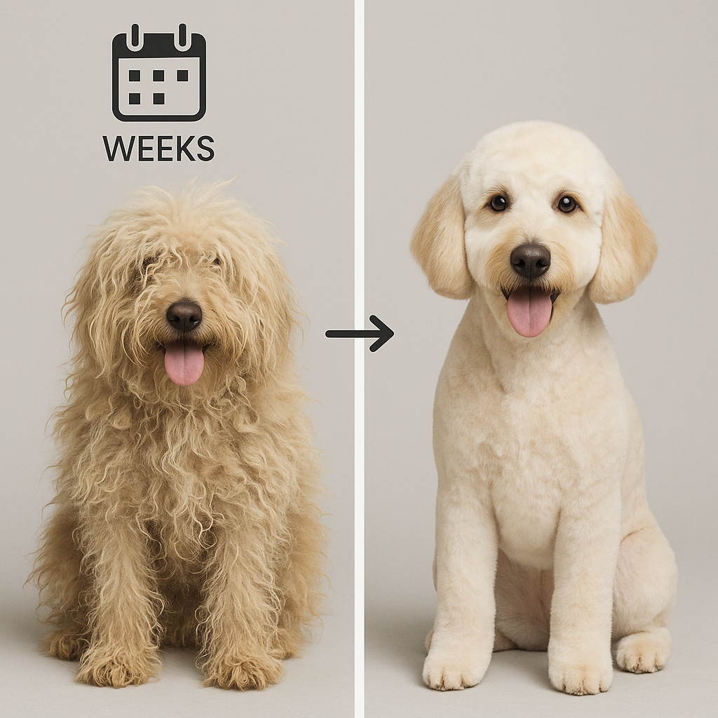 Before-and-after comparison of neglected matted coat versus well-maintained groomed coat on a long-haired dog