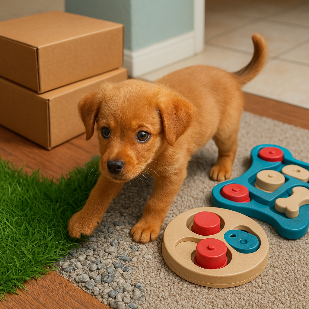 Young puppy exploring multiple surface textures including grass, gravel, and various indoor flooring while investigating cardboard boxes and puzzle toys