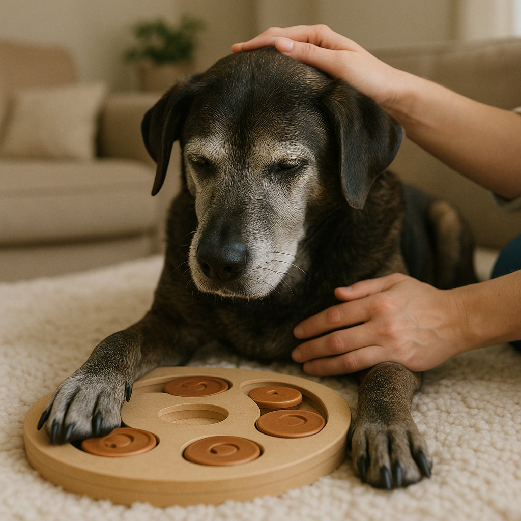Senior dog with gray muzzle enjoying gentle cognitive enrichment through puzzle toys and calm handling in a comfortable indoor setting, demonstrating low-impact senior enrichment