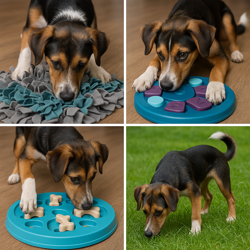 Adolescent dog actively engaged in scent work with a snuffle mat and puzzle feeder, demonstrating problem-solving and cognitive enrichment activities