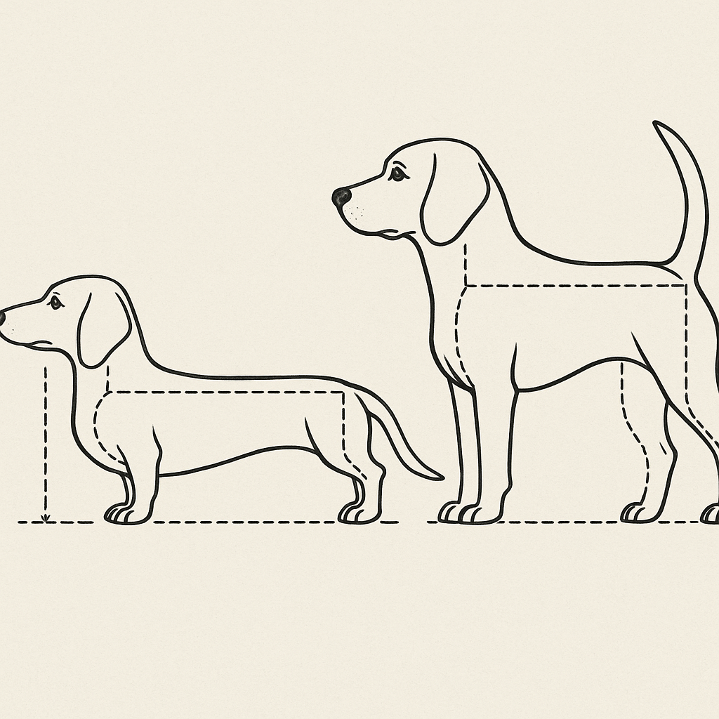Anatomical side-by-side comparison of a dachshund and normally-proportioned dog showing the characteristic long body, short legs, and deep chest of the dachshund breed.