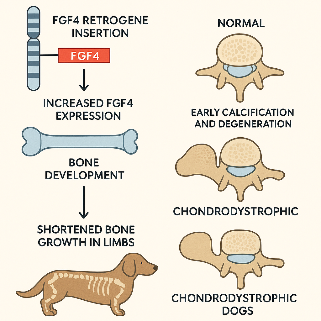 Molecular diagram illustrating FGF4 retrogene insertion mechanism, bone development alterations, and the link between shortened bone growth and intervertebral disc degeneration in chondrodystrophic dogs.