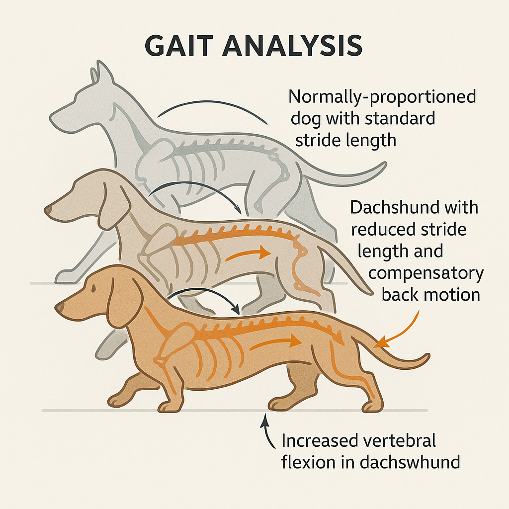Gait analysis comparison showing how a dachshund's short legs create reduced stride length, requiring compensatory back motion and increased vertebral flexion during movement compared to normal dog locomotion.
