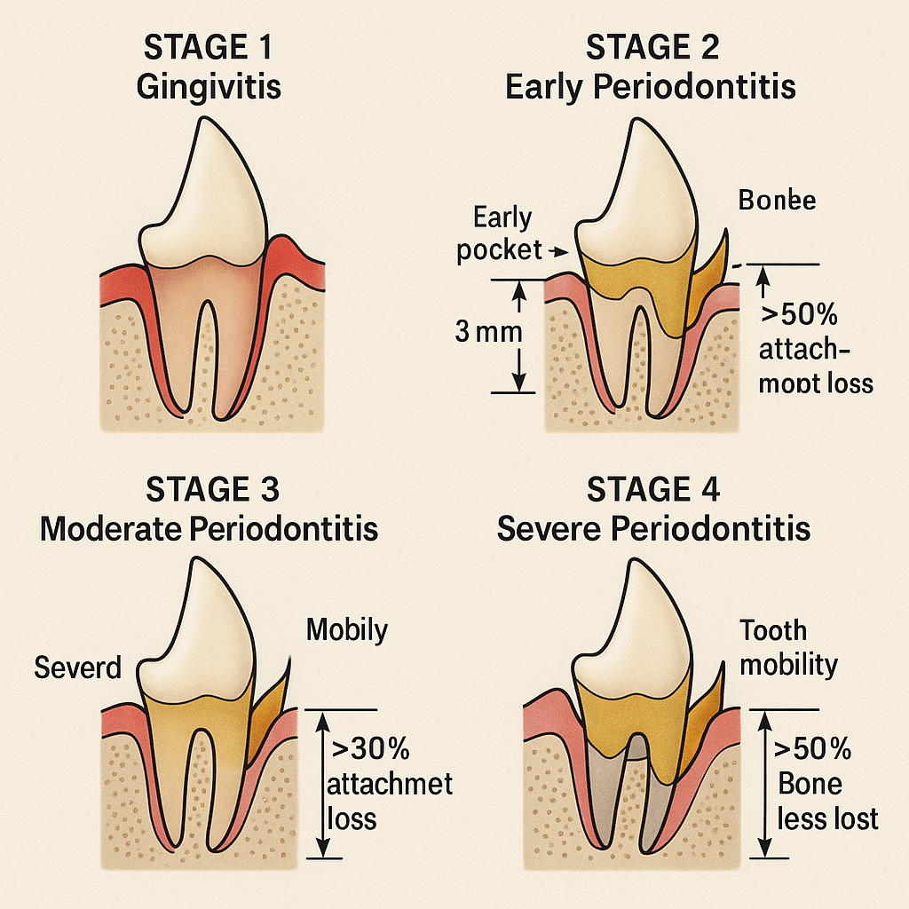 Four-stage diagram of canine periodontal disease progression showing cross-sectional tooth and gum anatomy from Stage 1 gingivitis through Stage 4 severe periodontitis, with color-coded tissue changes and bone loss progression