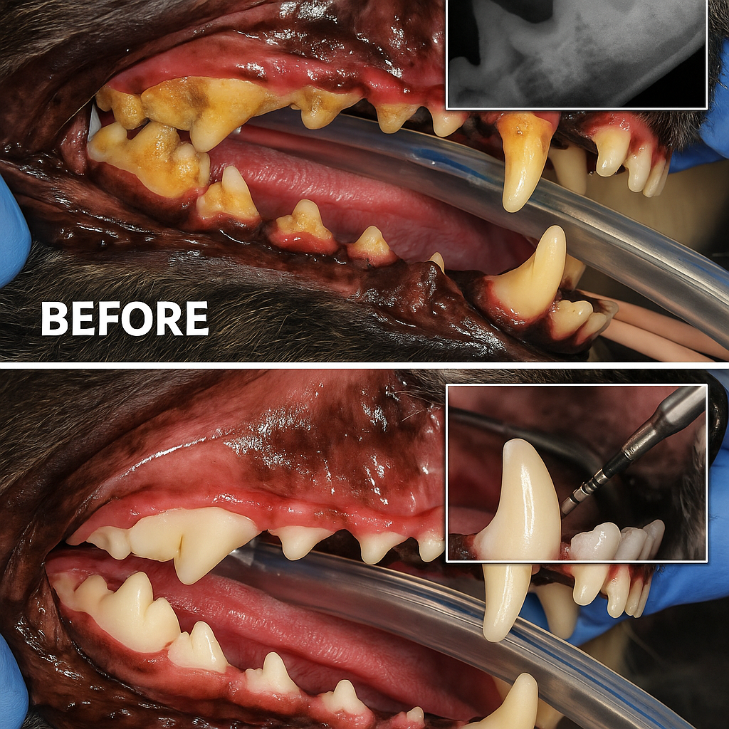 Clinical before-and-after images of professional canine dental cleaning showing calculus removal and tooth restoration, with inset showing dental radiograph and probing measurement of periodontal pockets