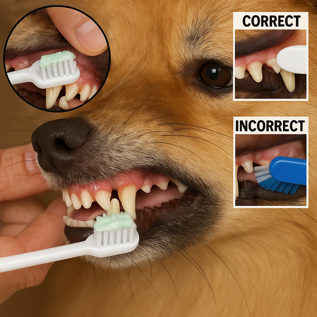 Instructional image demonstrating proper canine tooth brushing technique with soft-bristled brush at 45-degree angle to gum line, with inset showing correct bristle placement and comparison to incorrect technique