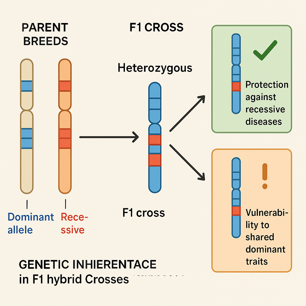 Genetic diagram illustrating how hybrid vigor works: two parent breeds combining into F1 offspring with heterozygous traits protecting against recessive diseases but not shared health risks