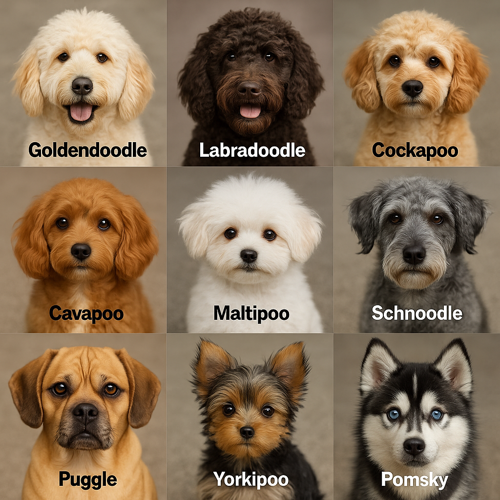Grid of nine designer dog breeds including Goldendoodles, Labradoodles, Cockapoos, Cavapoos, Maltipoos, Schnoodles, Puggles, Yorkipoos, and Pomskies