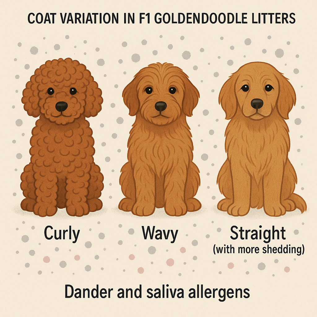 Visual comparison of F1 Goldendoodles showing coat variation in littermates and allergen presence across all coat types