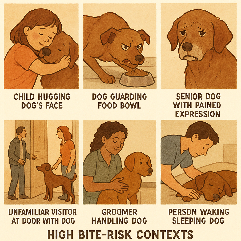 Six bite-risk scenarios illustrated: children with dogs, resource guarding, pain/illness, unfamiliar visitors, veterinary/grooming contexts, and sleeping dogs being disturbed