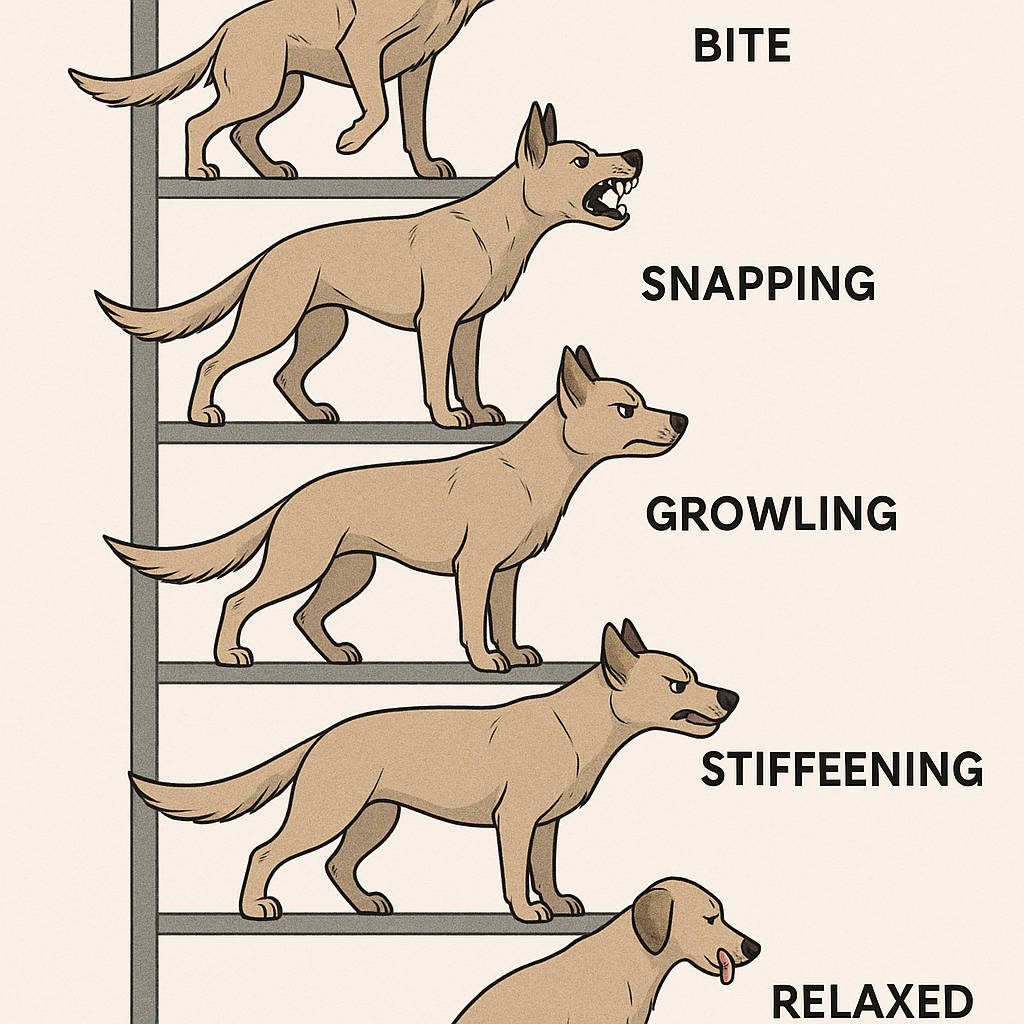 Ladder of aggression diagram showing canine warning signals from low-intensity (lip licking, yawning, head turning) through medium-intensity (stiff body, hard stare, whale eye) to high-intensity (growling, snapping, biting)