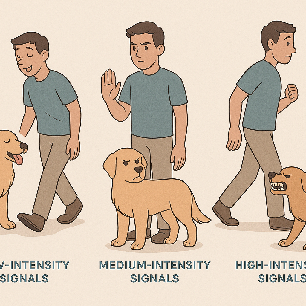 Three response scenarios showing appropriate human actions when seeing low-intensity, medium-intensity, and high-intensity dog warning signals