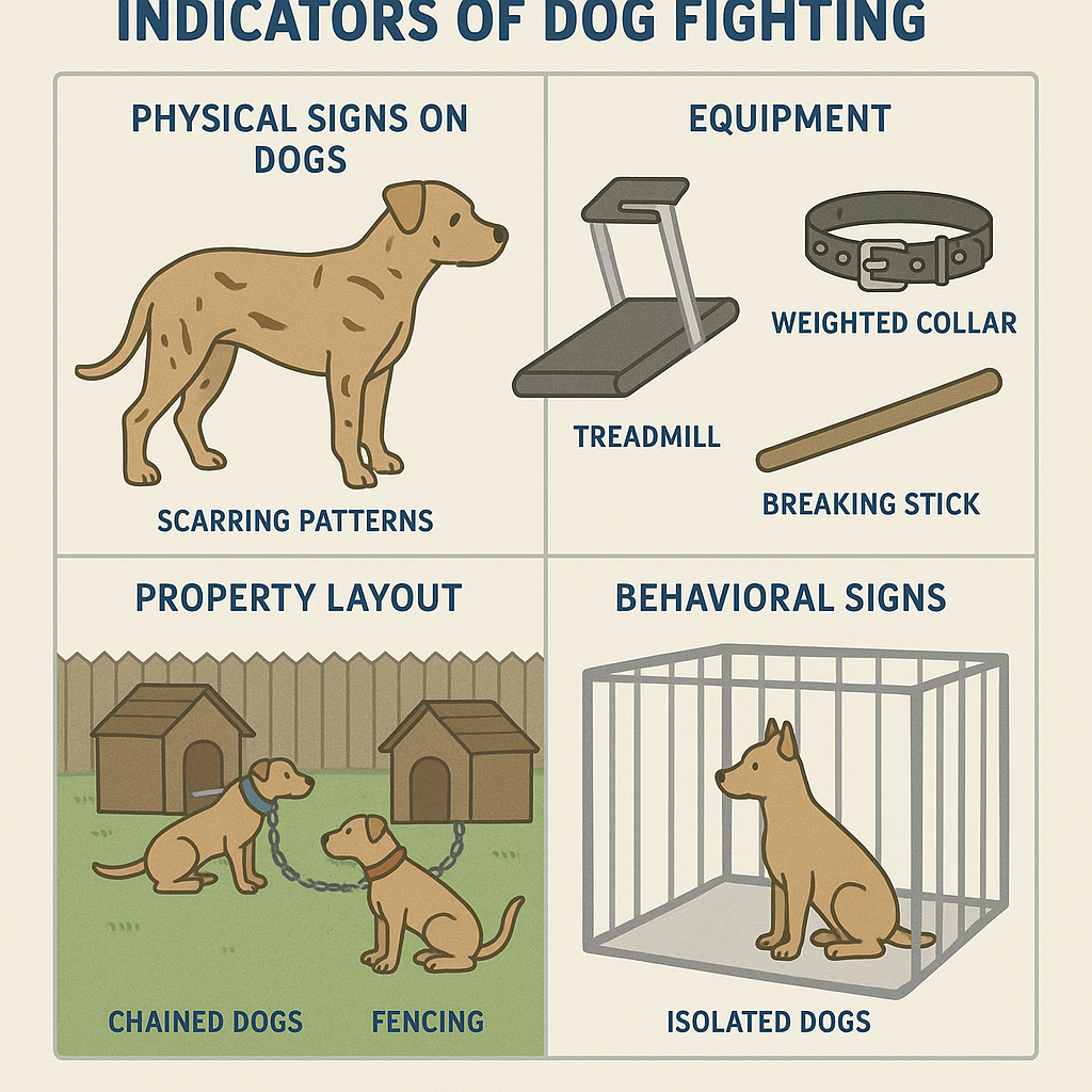 Four-part infographic showing recognition signs of dog fighting operations