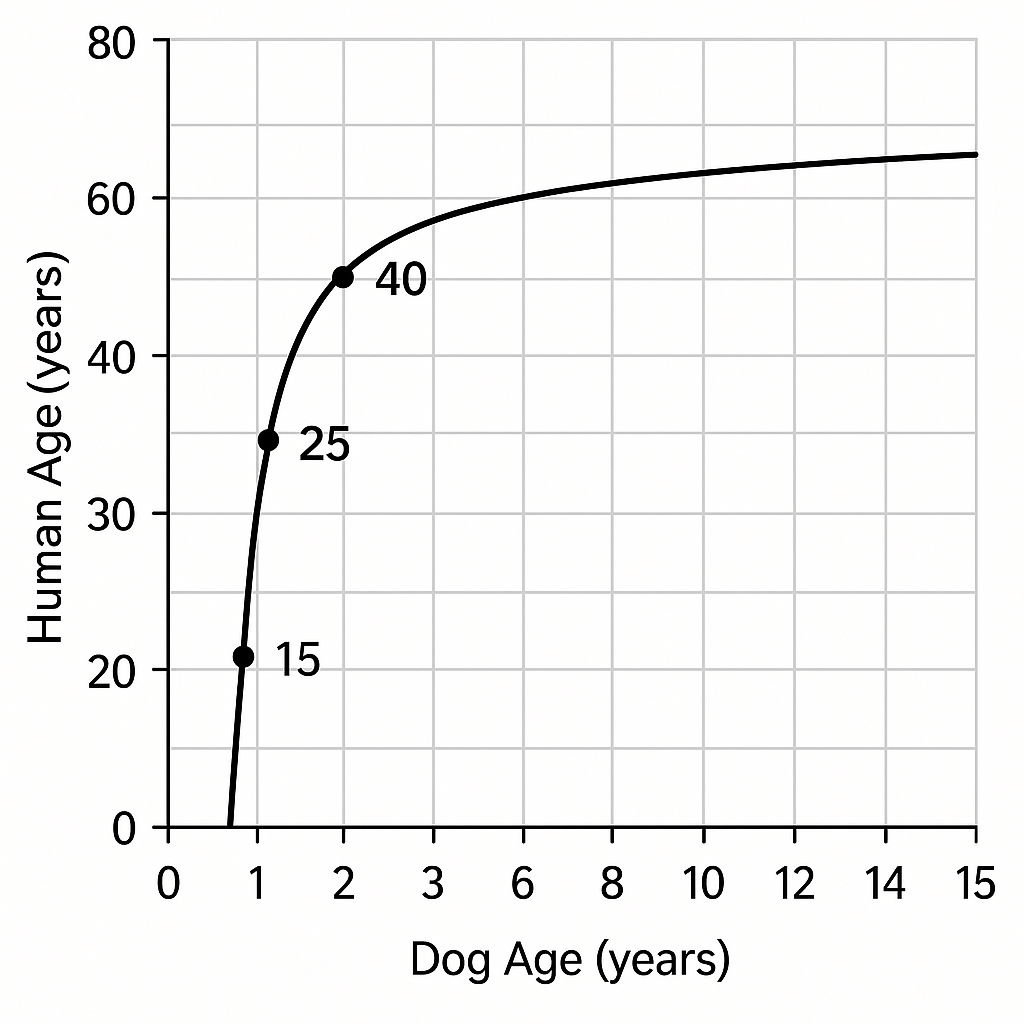 Logarithmic curve showing the non-linear relationship between dog age and human age, demonstrating rapid aging in the first two years followed by much slower increments