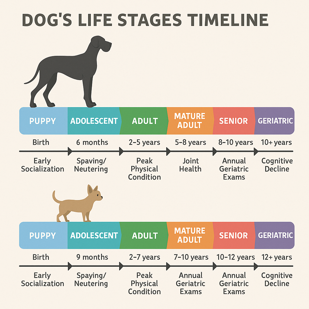 Side-by-side life stage timelines for large and small dog breeds, showing how senior and geriatric stages occur at different ages depending on breed size