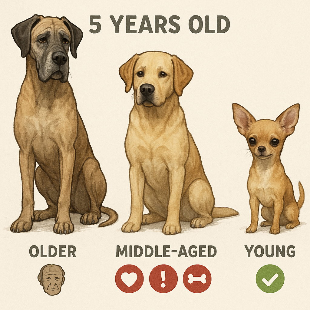 Visual comparison of three dog breeds at the same 5-year calendar age, illustrating how larger dogs show advanced aging compared to smaller breeds