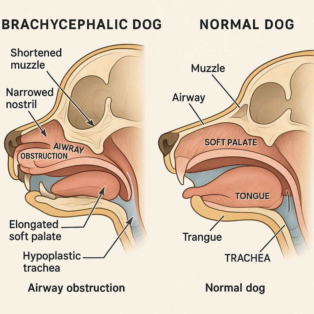 Anatomical comparison of brachycephalic vs normal dog airway structure showing shortened muzzle and narrowed passages