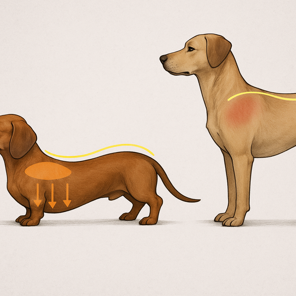 Comparison of chondrodystrophic dog with short legs and elongated spine versus normal dog body proportions