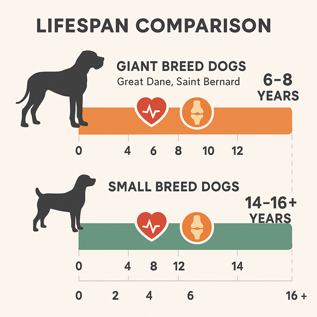 Lifespan comparison chart between giant breed and small breed dogs, illustrating reduced longevity in larger dogs