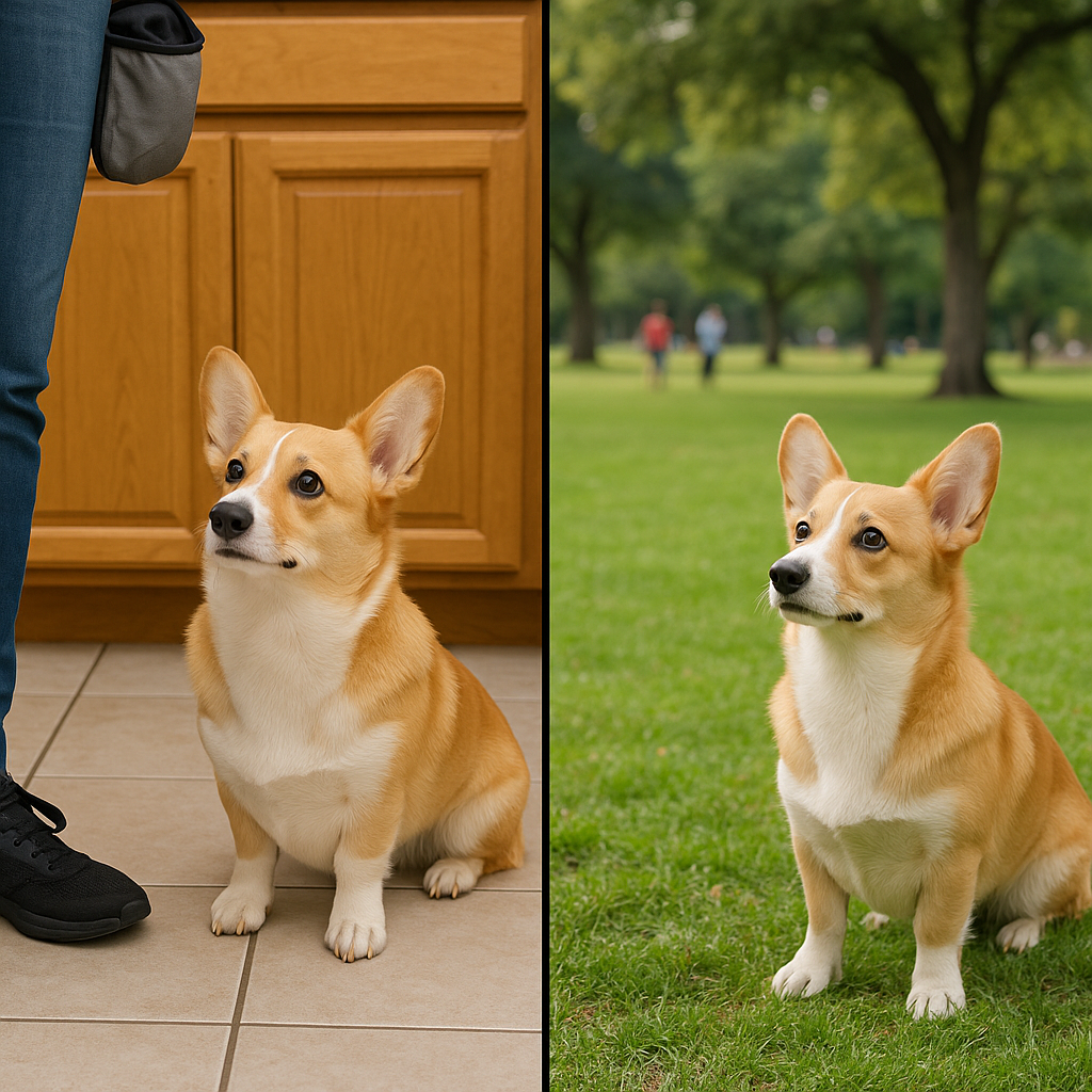 Split-screen showing a dog in two different environments: left side shows dog in kitchen with handler and treat pouch; right side shows same dog at park with distractions, illustrating context-bound learning