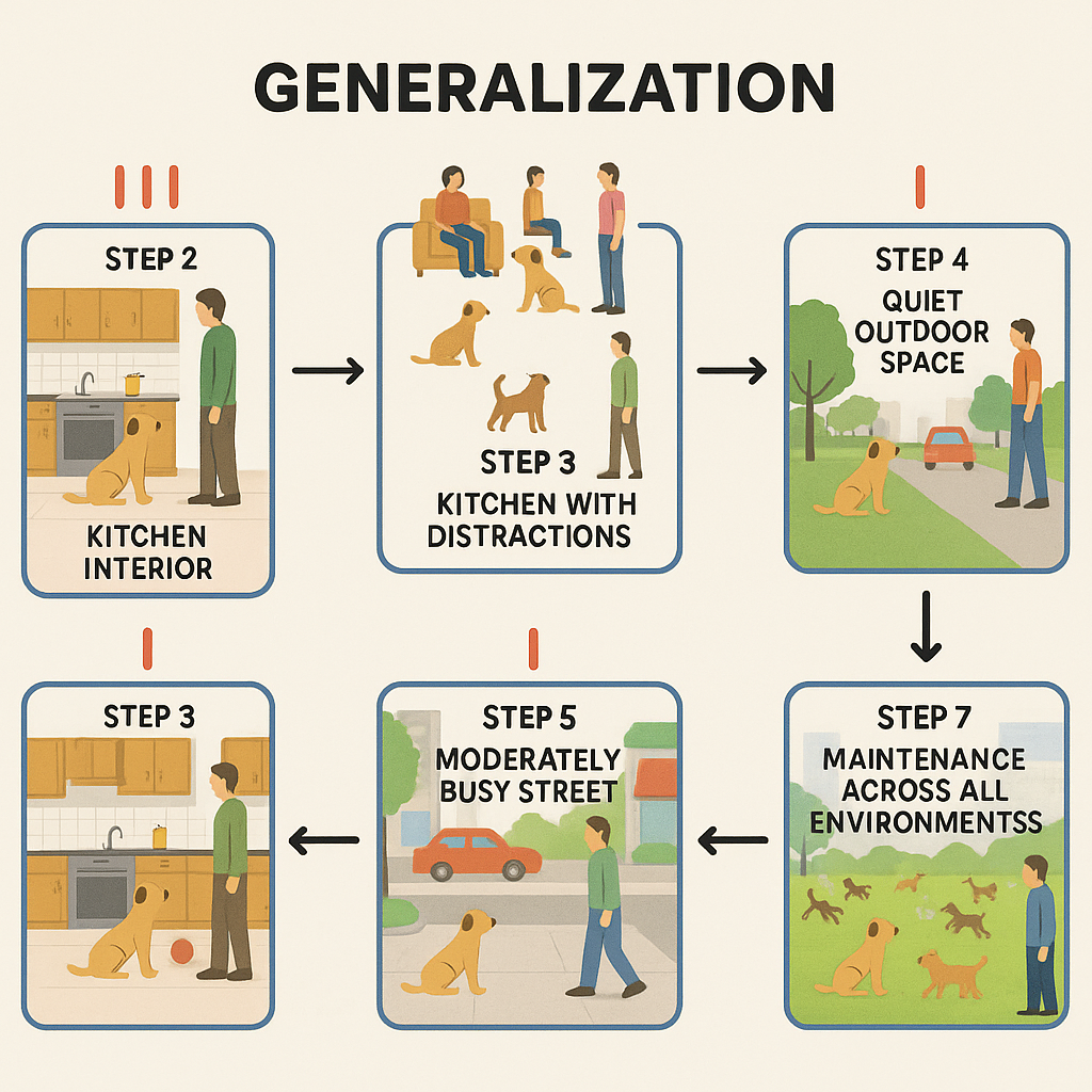 Visual progression of the 7-step proofing protocol showing a dog training journey from controlled kitchen environment through gradually more distracting public spaces