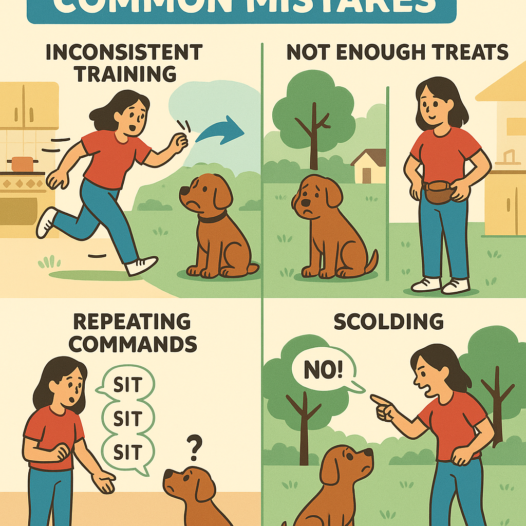 Four illustrated panels showing common training errors: too-fast progression, reduced reinforcement in new environment, cue repetition, and punishment in novel context