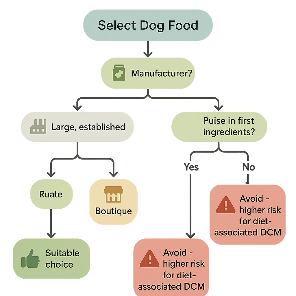 Flowchart decision tree for selecting appropriate dog food based on manufacturer quality, ingredient composition, and pulse content to minimize DCM risk