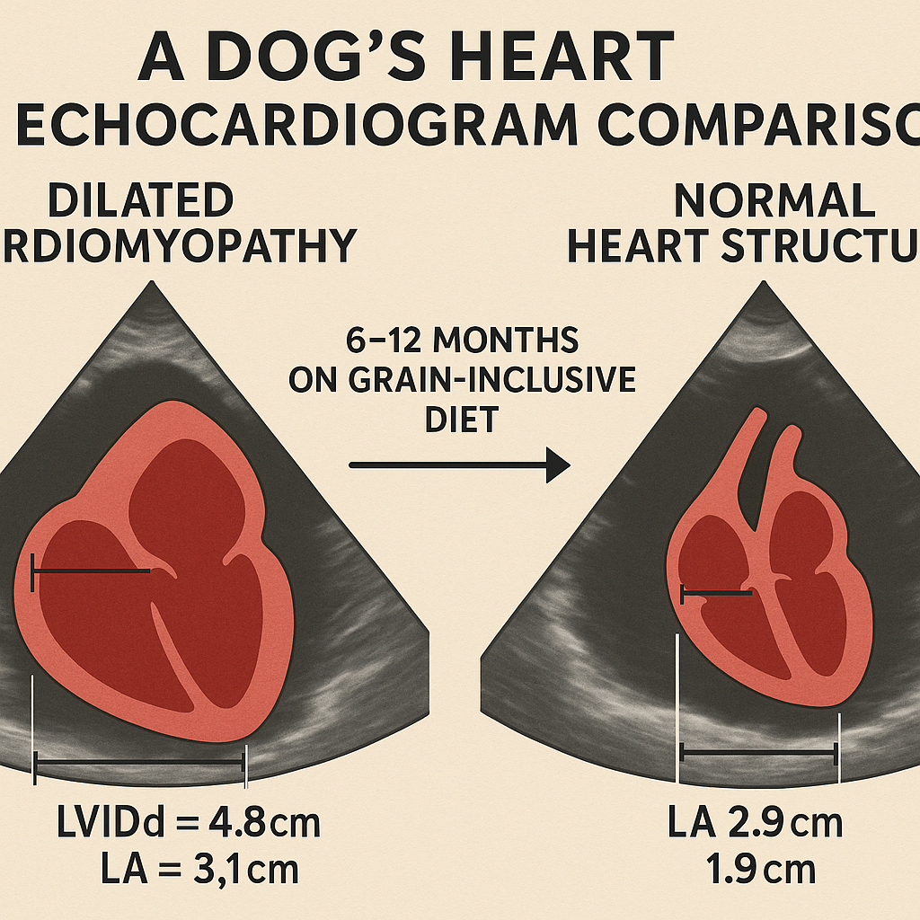 Before and after echocardiogram comparison showing cardiac improvement in a dog after diet change from grain-free to grain-inclusive diet