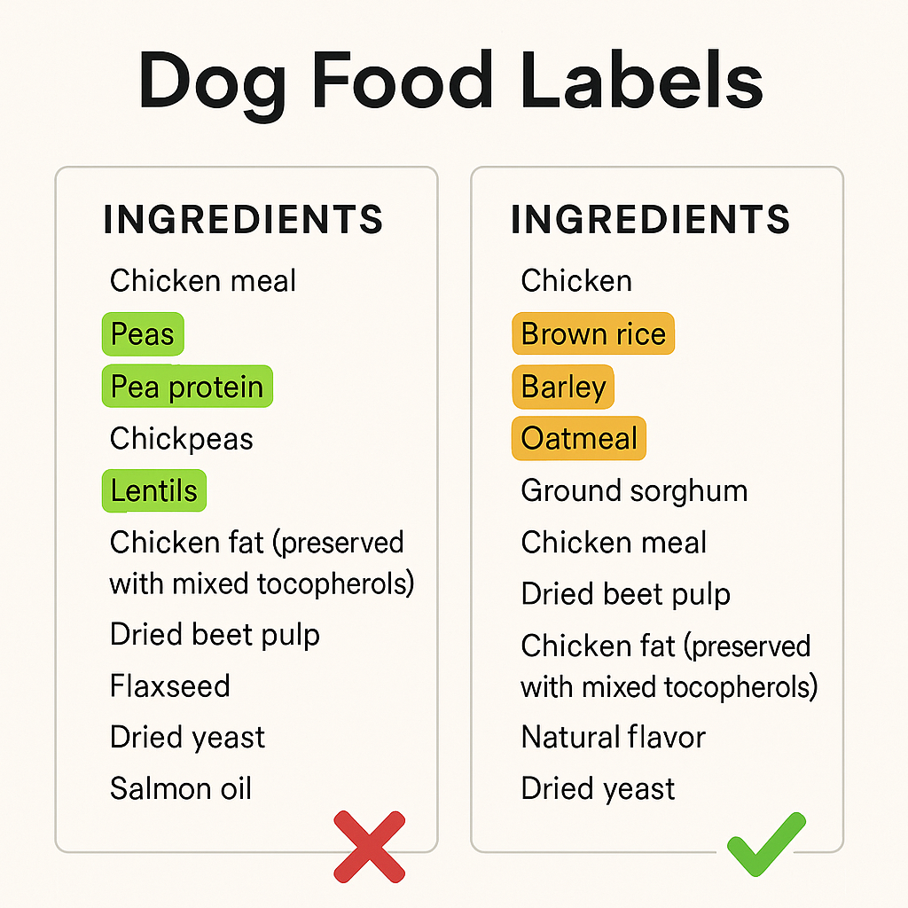 Comparison of grain-free pulse-heavy dog food ingredients versus grain-inclusive dog food ingredients, showing where pulses appear in ingredient lists
