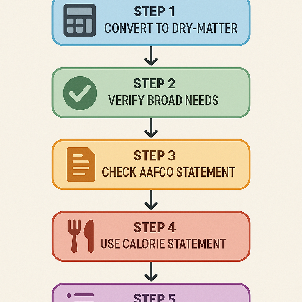 Five-step practical workflow for evaluating pet food: convert to dry-matter basis, verify nutritional needs, check AAFCO compliance, use calorie statement for feeding amounts, and review ingredient list for quality