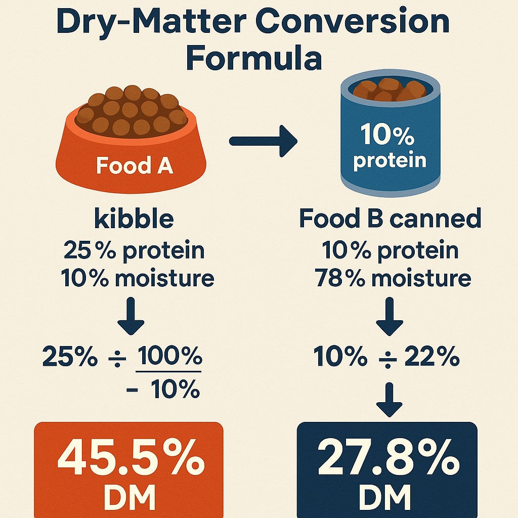 Step-by-step dry-matter conversion showing how a kibble with 25% as-fed protein (10% moisture) becomes 27.8% dry-matter, while canned food with 10% as-fed protein (78% moisture) becomes 45.5% dry-matter