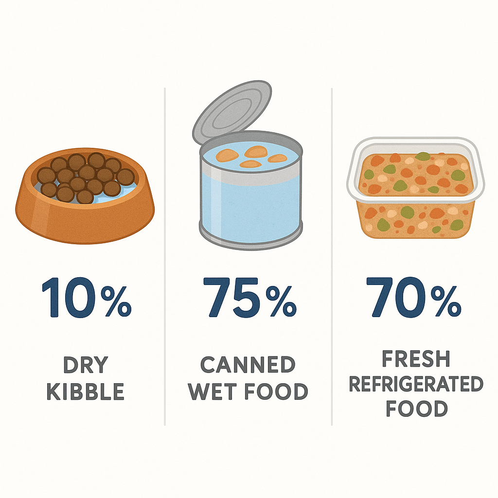 Comparison of moisture content across three pet food formats: dry kibble (8-12% moisture), canned food (70-82% moisture), and fresh food (65-75% moisture)