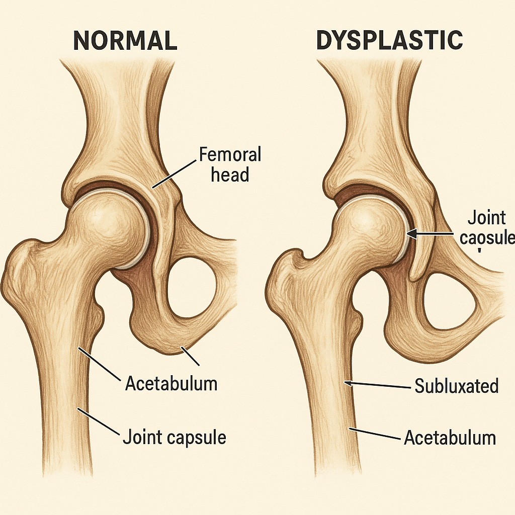 Anatomical comparison diagram of normal canine hip joint versus dysplastic hip joint showing femoral head, acetabulum, and joint laxity