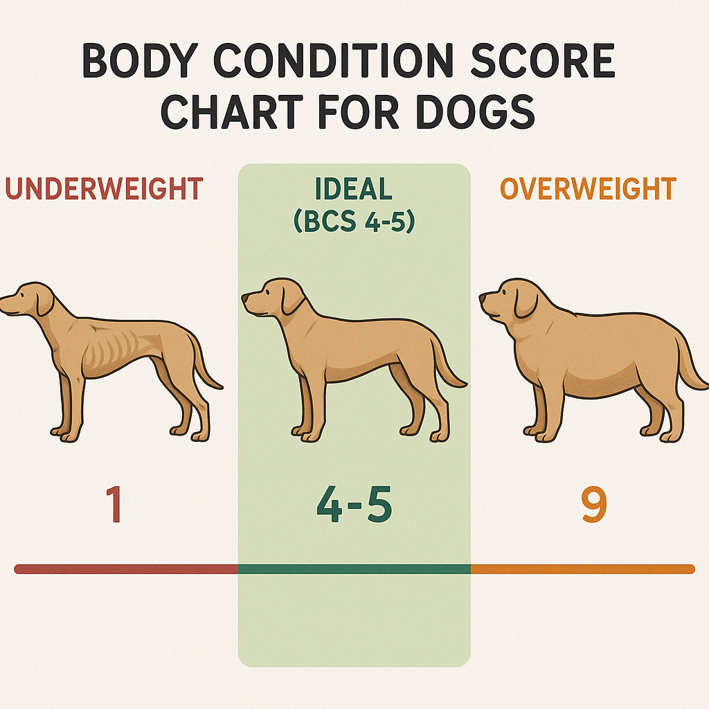 Canine body condition score chart showing 9-point scale with emphasis on ideal BCS 4-5 range for hip dysplasia management