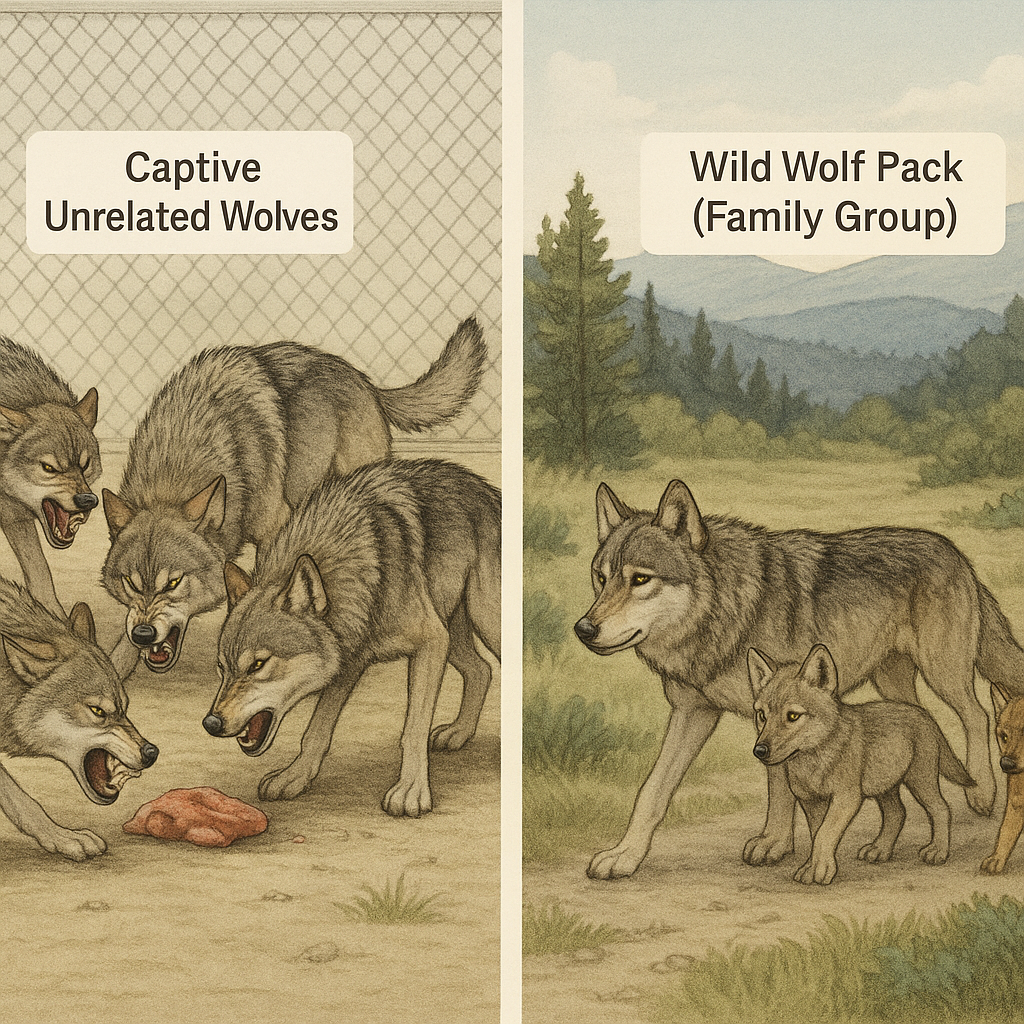 Comparison of captive wolf pack dominance structure versus wild wolf family group dynamics