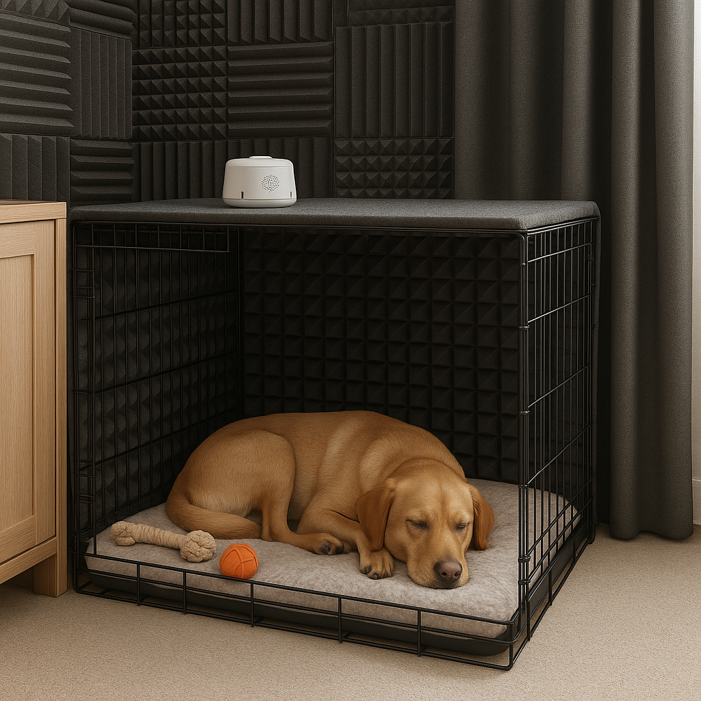 Safe space setup for noise-phobic dog: interior room with closed curtains, white noise machine, comfortable bedding, and familiar items