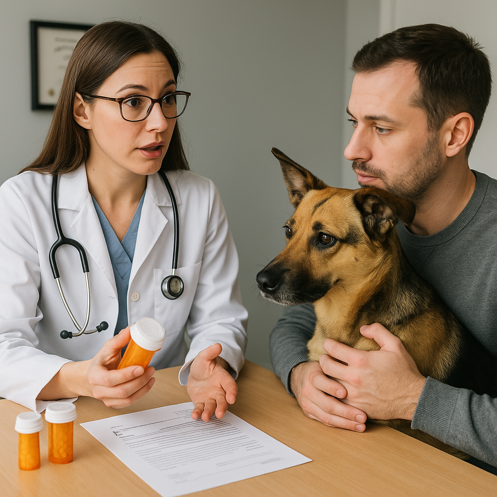 Veterinarian discussing pharmacological treatment options with dog owner during a consultation