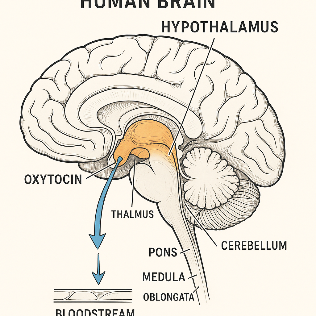 Anatomical diagram of the brain showing oxytocin production in the hypothalamus and its release pathways into the bloodstream and brain regions